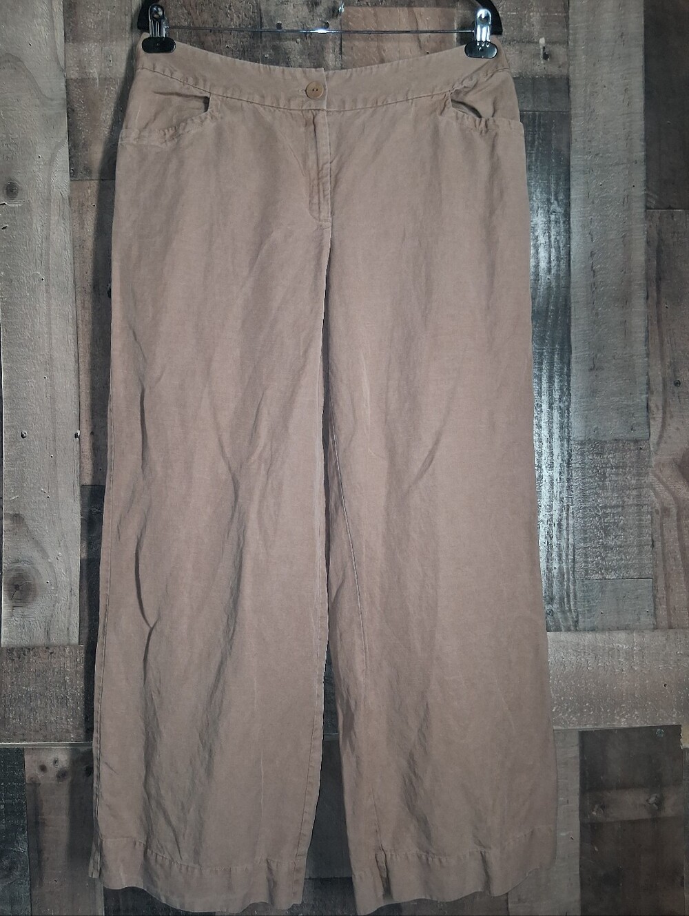 Eileen Fisher Wide Leg Pants Tencel Linen Size 10 Khaki Brown Womens